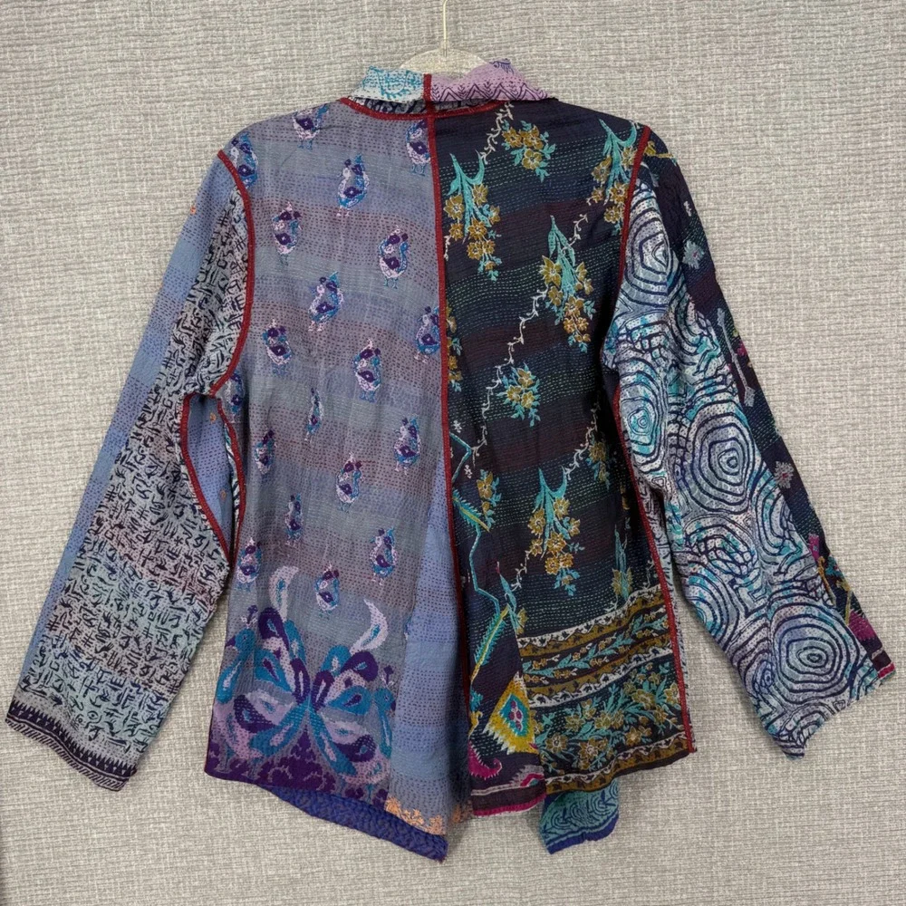 Mieko Mintz Kantha Silk Patchwork Jacket Womens Large Blue‎ Purple Boho Artisan